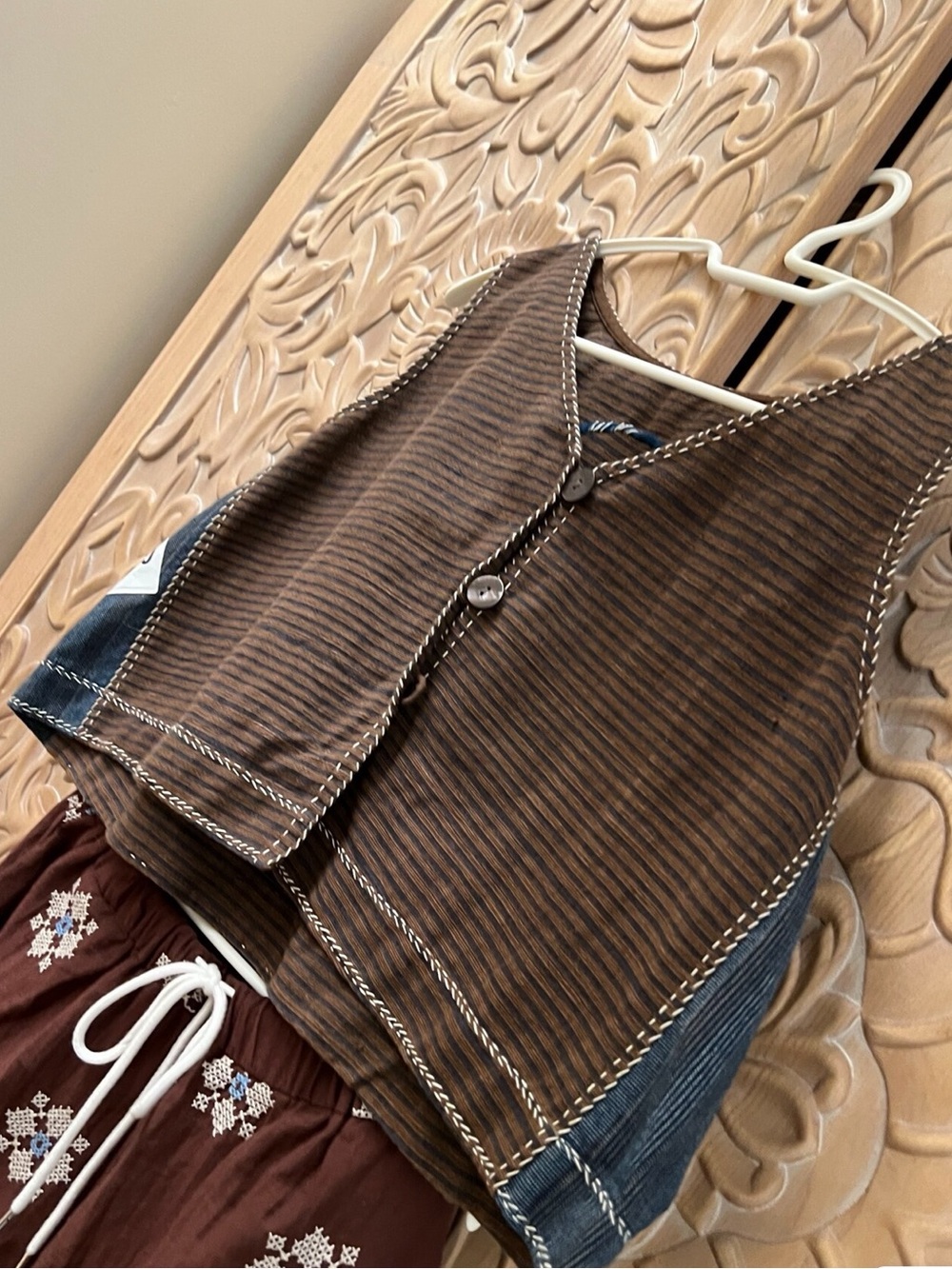 Striped Brown + Blue Corduroy Button Vest